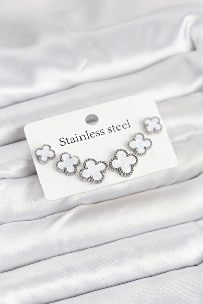 Skygo 316L Steel Silver White Color 3 Sizes Clover Earrings Set - Tj-Bkp11236