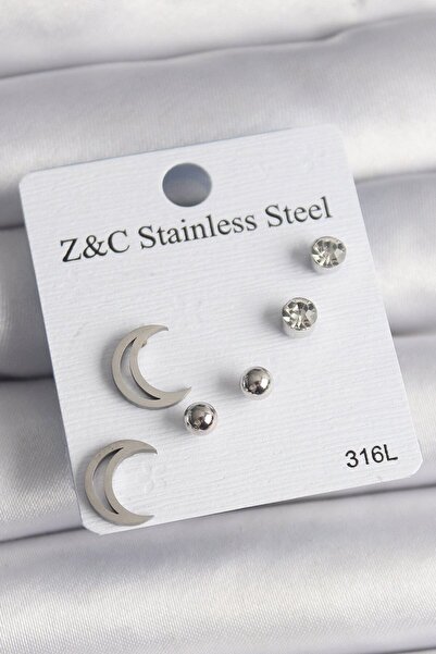 Skygo 316L Steel Silver Color Zircon Stone Crescent Model Women's Earring Set...