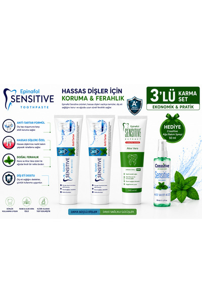 Epinafol Sensitive 3'lü Karma Set Diş Macunu 2 Anti Tartar 1 Aloe Vera hediye...