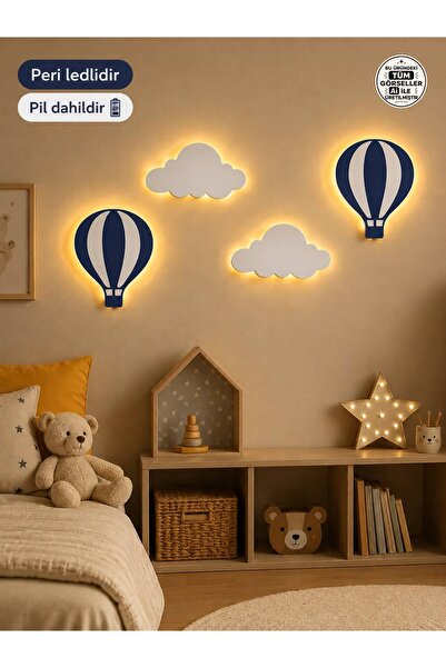 LED Işıklı Sıcak Hava Balonu ve Bulut Duvar Süsü Seti MDF Bebek Odası Dekoru Çocuk Odası Dekorasyonu Pil Dahil
