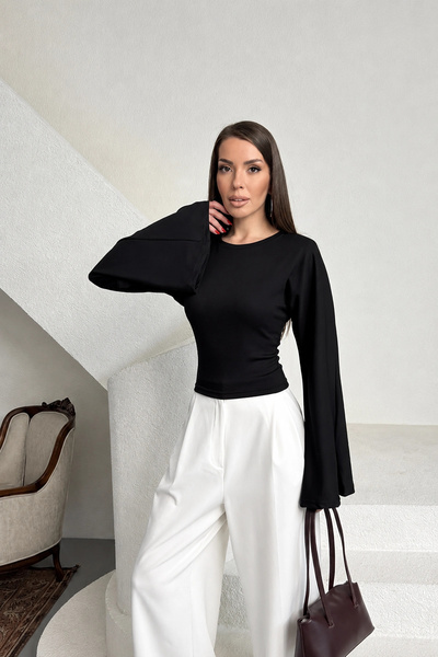 URİS Women's Black Crew Neck Long Spanish Sleeve Soft Body Blouse