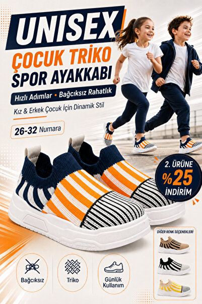 Ayakkabı Deryası Unisex Çocuk Bağcıksız Triko Çorap Spor Ayakkabı Günlük Snea...