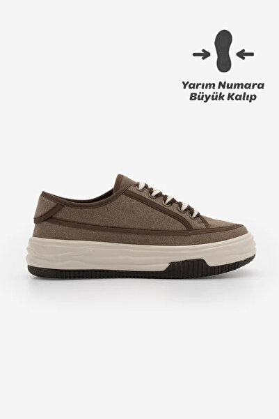Marjin Kadın Sneaker Yüksek Taban Bağcıklı Spor Ayakkabı Kotnel Vizon Süet