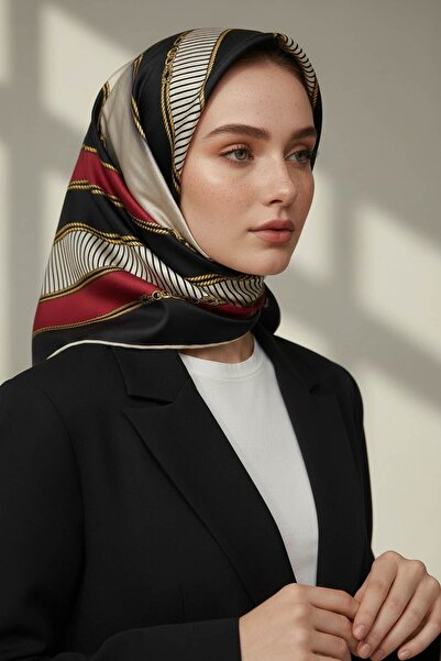 Vissona % 57 İPEK % 43 VİSKON Twill İpek Zincir Detaylı Geometrik Desenli Bor...