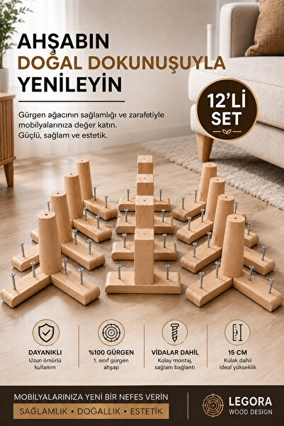 LEGORA WOOD DESİNG Set de 12 picioare din lemn pentru mobilier, 15 cm, picioa...