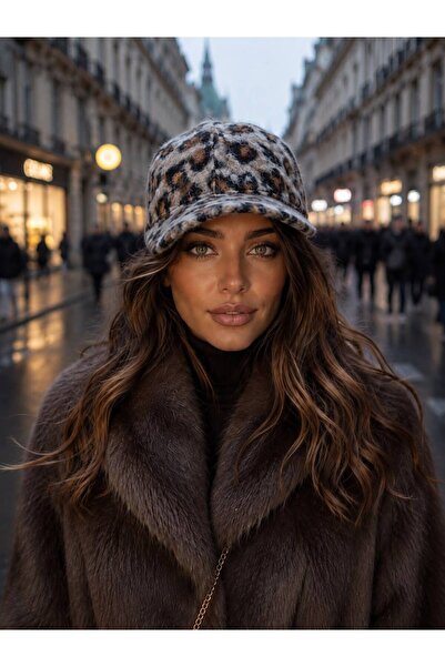 Trend Şapka 19005 Leopar Desen Gri Kırçıllı Kep Şapka