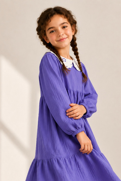 Angel&Co. Girls Clothing Embroidered Collar Muslin Midi Dress-Purple