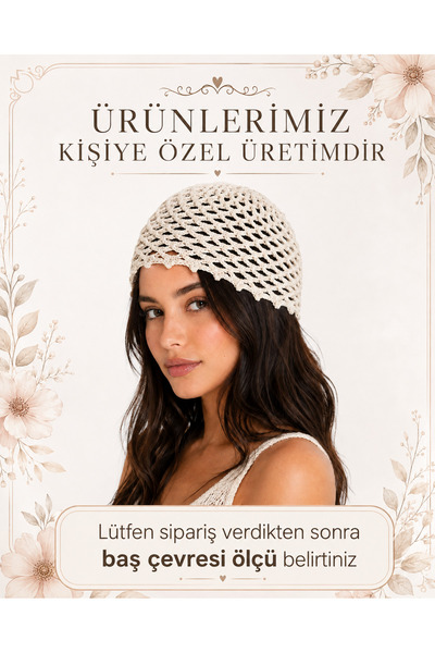 NEHOLİA Women's Beige Hand Knitted Perforated Summer Beanie Bohemian Hair Bea...