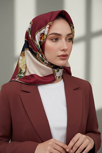 Vissona 100% Twill İpek Şeritli Çiçek Desenli Bordo - Lacivert Renkli 90x90 D...