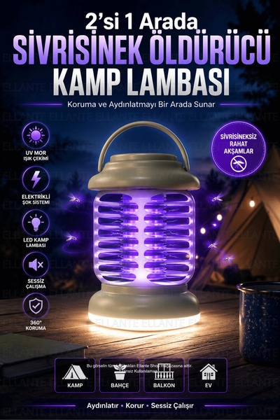 ellante USB Şarjlı LED Sivrisinek Öldürücü Kamp Lambası UV Mor Işıklı Elektri...