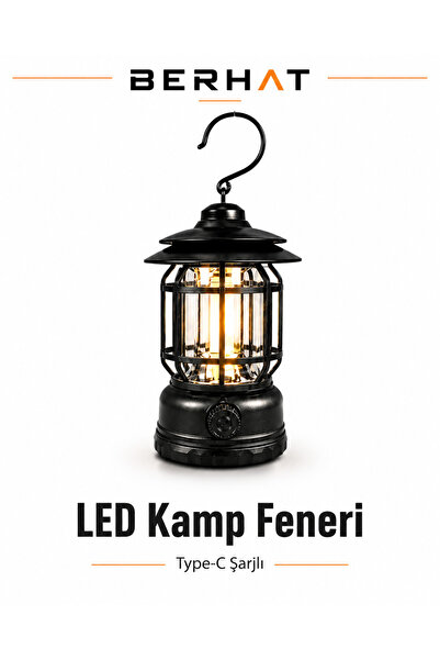 BERHAT Retro Kamp Lambası Şarjlı & Pilli Fanus Fener Dimmer Özellikli Suya Da...