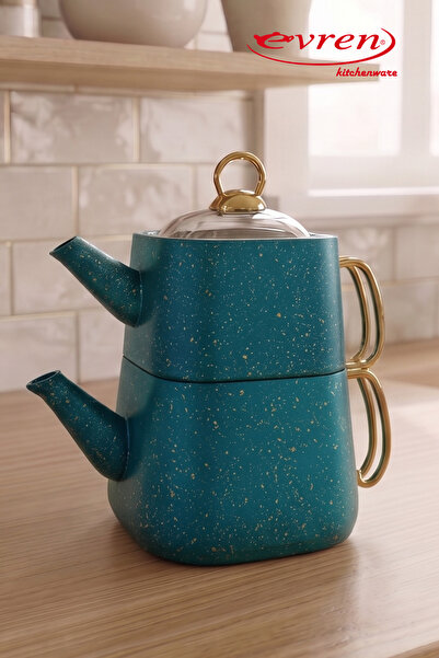 Evren Green Square Granite Teapot Set Medium Size (1.25+2.25 Lt)