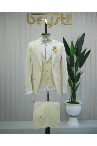 Beystil Sivri Yaka Krem Yelekli Damatlık & Smokin Takım Y92 -Slim Fit