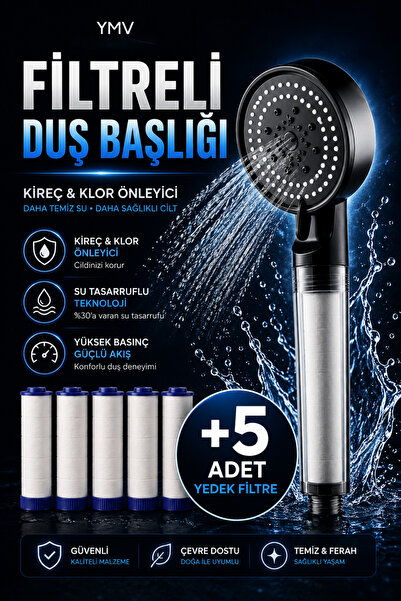 YMV Filtreli Kireç Arındırıcı Duş Başlığı | 5 Yedek Filtreli, Klor Azaltıcı, ...