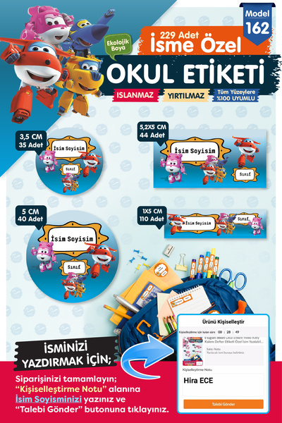 TUĞSET Okul Etiketi Kalem Defter Etiketi Özel İsim Yazılabilen Etiket Seti - ...