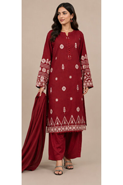 6TEEN Women’s Mehroon Embroidered 3-Piece Suit
