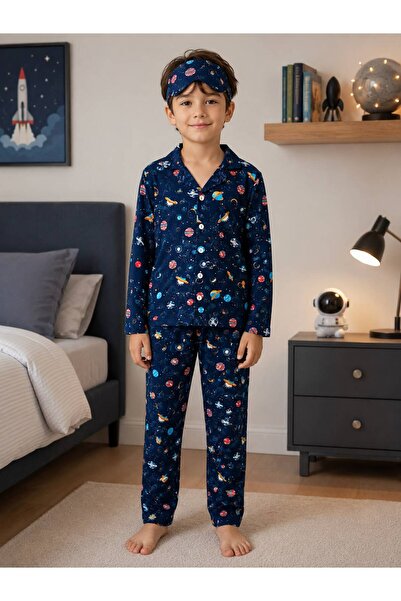 Fil Kids Boys' Cotton Suede Fabric Navy Blue Space Planets Patterned Shirt Co...