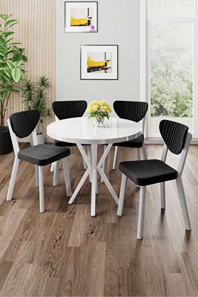 Canisa Agnes Serisi 90x90 Yuvarlak Beyaz Masa Takımı ve 4 Siyah Sandalye