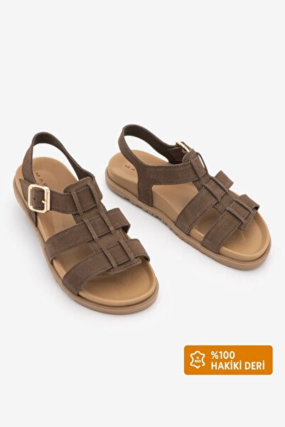 Marjin Women's Genuine Leather Ankle Strap Striped Casual Sandals Sovena Brow...