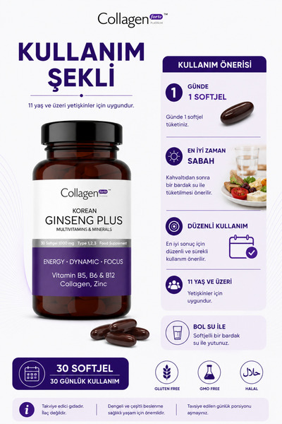Collagen Forte Platinum Kırmızı Kore Ginseng Plus, Hidrolize Kolajen, Vitamin B5, B6, B12,çinko, Softgel 1000mg
