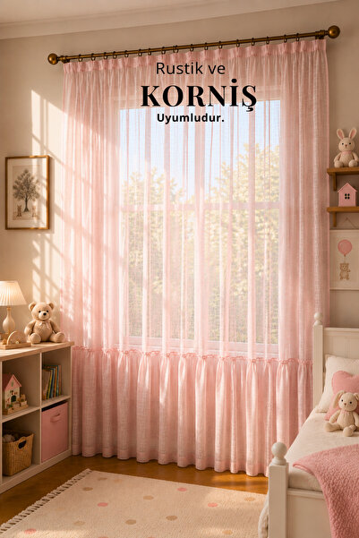 perde plus Linen Pink Tulle Curtain Skirt Ruffled Design