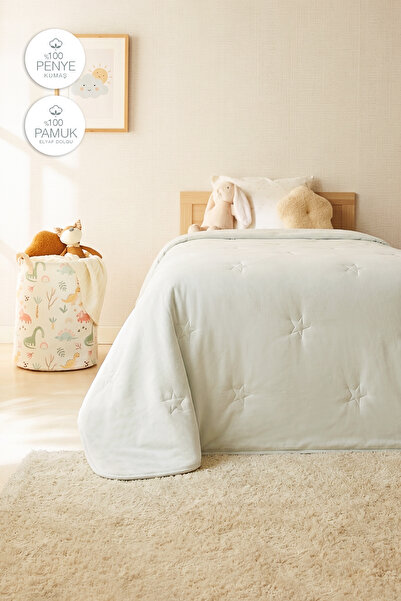 Ocean Home Textile %100 Pamuk Penye Mavi Yıldız Nakışlı Çocuk Tek Kişilik Yorgan Çok Amaçlı Örtü 155 x 215