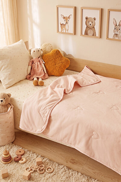 Ocean Home Textile %100 Pamuk Penye Pembe Kalp Nakışlı Bebek Yorgan Çok Amaçlı Örtü 90x120