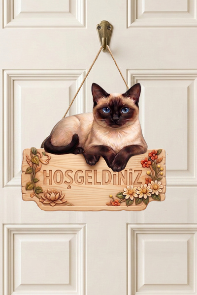 MARNELLO CONSEPT Siamese Cat "Welcome" Wooden Mdf Door Ornament - 2D Flat Print