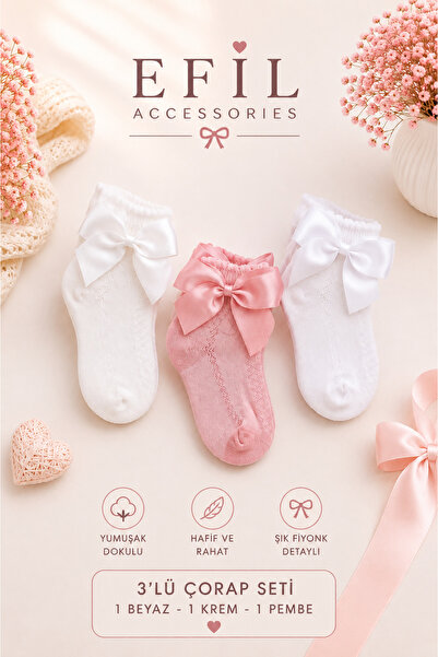EFİLACCESSORİES Ribboned Summer Socks 3-Pack for 7-8 Year Old Girls