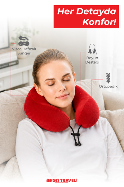 Viscofoam Comfy Ortopedik Seyahat Yastığı Visco Boyun Destekli Seyahat Yastığı - Kırmızı | Ergo Travel