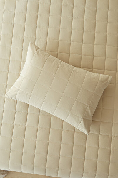 Ocean Home Textile %100 Pamuk Kumaş Kapitoneli Bej Çok Amaçlı Tek Kişilik Yatak Örtüsü Seti 180X230/50X70