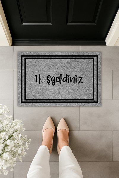 Dormot Home Modern Dijital Baskı - Gri Zemin Çerçeveli Kalpli Hoşgeldiniz Paspası - Kapi onu paspasi