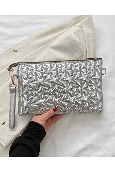 METEBAGS Yıldız desenli Gümüş Renk El& Portföy çantası