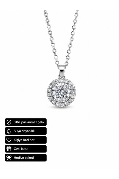 HER ŞEY NOTA www.herseynota.com 316L Stainless Steel Round Pendant with Stone...