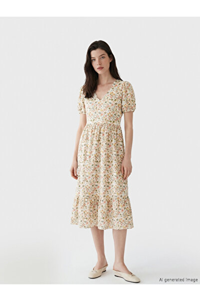 LC Waikiki V Neck Floral Fitted Waist Dress