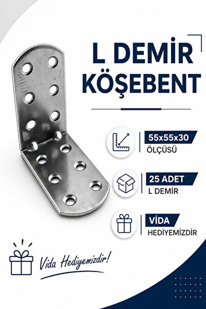 Badem10 Oval Başlı L Demir Gönye 30x55x55 mm 25 Adet Set Dayanıklı Metal Bağl...