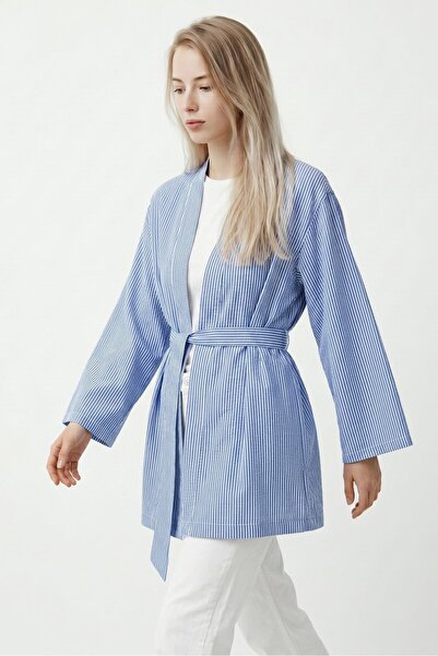 Saade Mavi Kadın Dikey Çizgili Geniş Kollu Şık Yazlık Relaxed Kimono