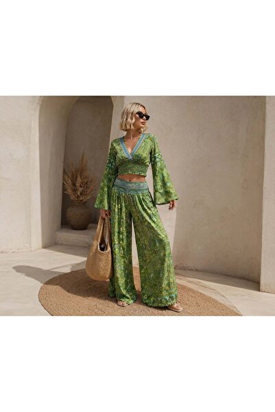 ibeeka Σετ παντελονιών Bohemian Luxe με σχέδιο Paisley, Gipeli Crop, ρευστό κ...