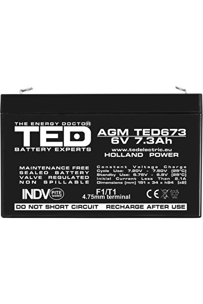 TED Electric Acumulator Stationar AGM VRLA Etans 6V 7.3A F1 T1, Dimensiuni 151mm x 34mm x h94mm
