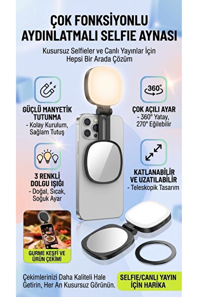 asua Magsafe Uyumlu Manyetik Telefon Selfie Işığı ve Aynası - 3 Renk Modlu Ay...