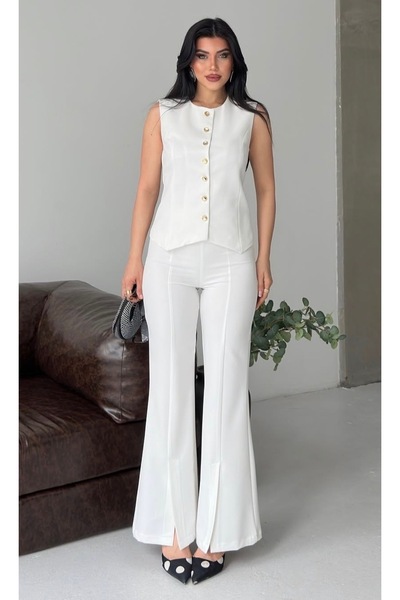 pembekurdelem Vestă de damă cu design modern și pantaloni cu șliț, albă