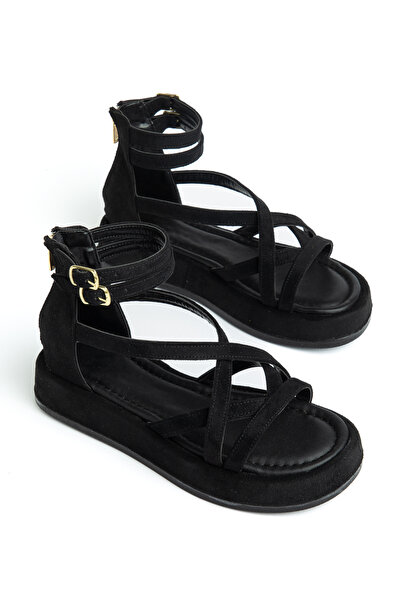 RİSSOLİ Γυναικεία μαύρα σουέτ σανδάλια με χιαστί λουράκια και λουράκι στον ασ...