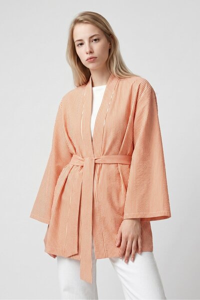 Saade Kadın Dikey Çizgili Geniş Kollu Şık Yazlık Relaxed Kimono
