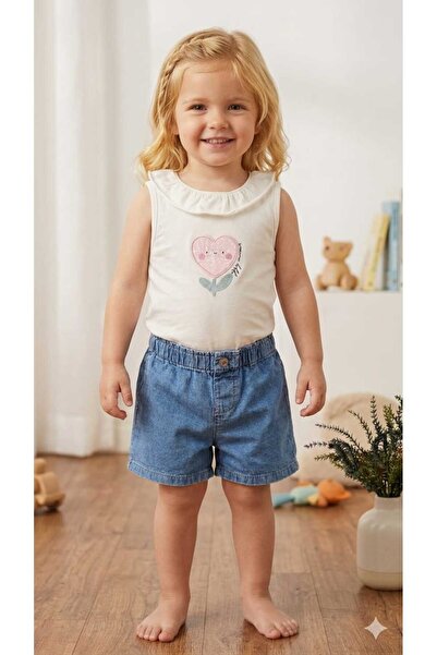 Leylababybutik Yaka Detaylı Kız Bebek Kot Şortlu Yazlık Takım