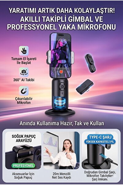MATECHNO AI Akıllı Hareket Takip Özellikli Gimball ve Kablosuz Yaka Mikrofonu...