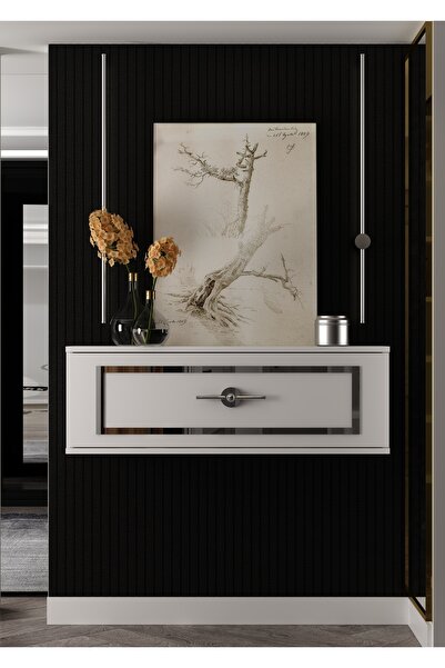 DEMONTE DECOR D7053DD-32 DUVARA MONTE TEK KAPAKLI PLEKSİLİ DRESUAR BEYAZ-GÜMÜŞ