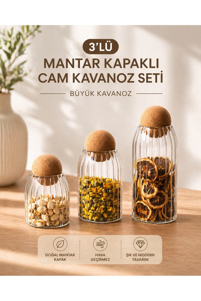 PORLİSMA 3'lü Mantar Kapaklı Cam Kavanoz Ve Baharatlık Seti Büyük Kavanoz