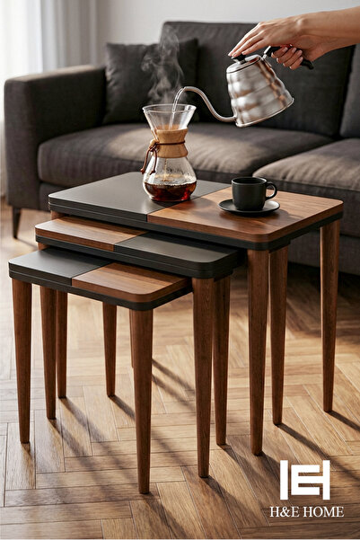 H&E Home Accessory 3’lü Antrasit Lake - Ceviz Renk Zigon Sehpa Takımı – Gürge...
