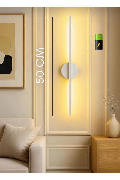 Betül Home Design Pilli BEYAZ KASA 50 CM Gün Işığı LED Duvar Aplik Modern Dek...