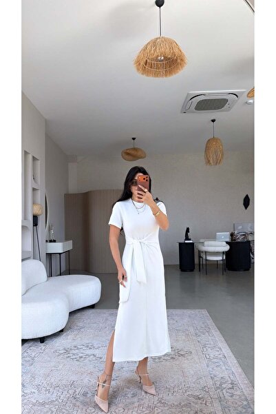 Buket Teke Εκρού φόρεμα με κοντά μανίκια και δέσιμο, από ύφασμα modal